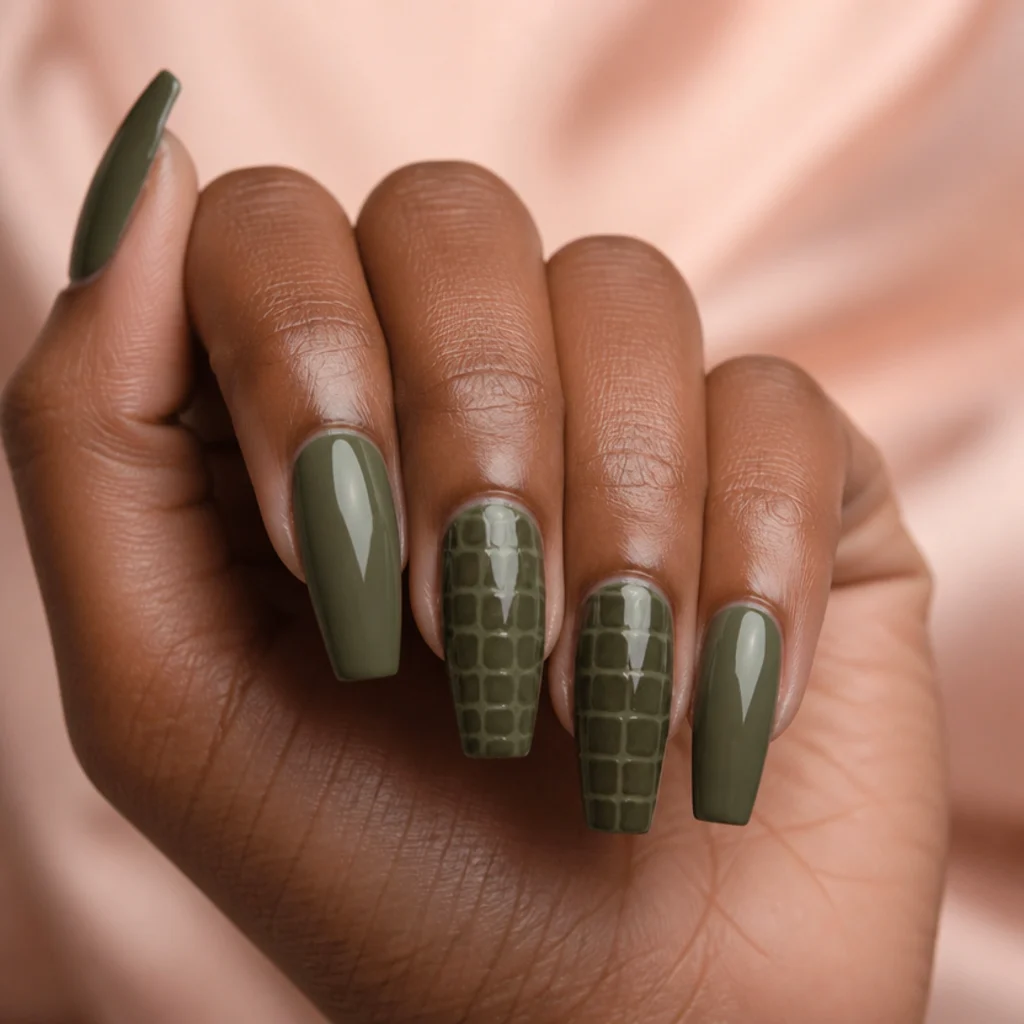Long coffin nails in deep olive with a subtle tonal crocodile-texture accent nail sealed glossy