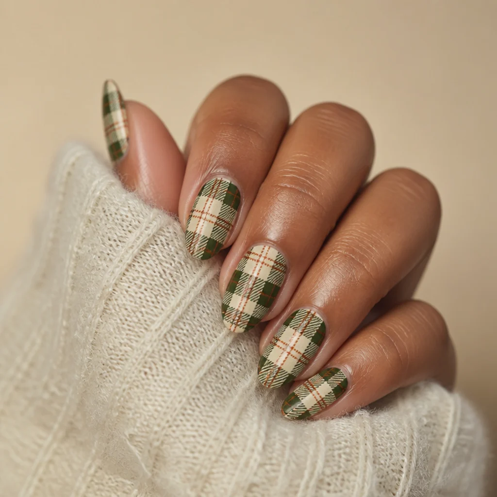 Medium almond nails with a cozy heritage tartan pattern in olive green, cream and rust