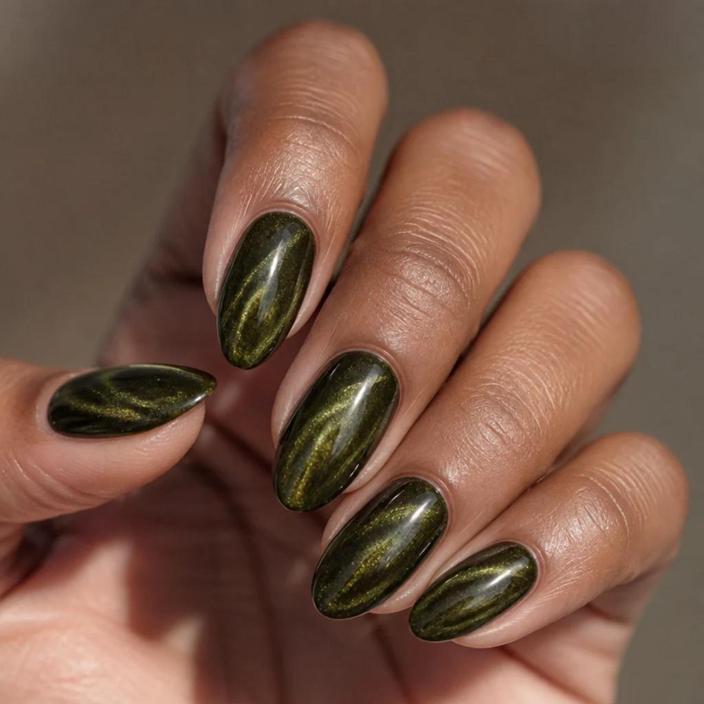 Almond nails in dark olive with a magnetic velvet cat-eye sheen resembling crushed fabric