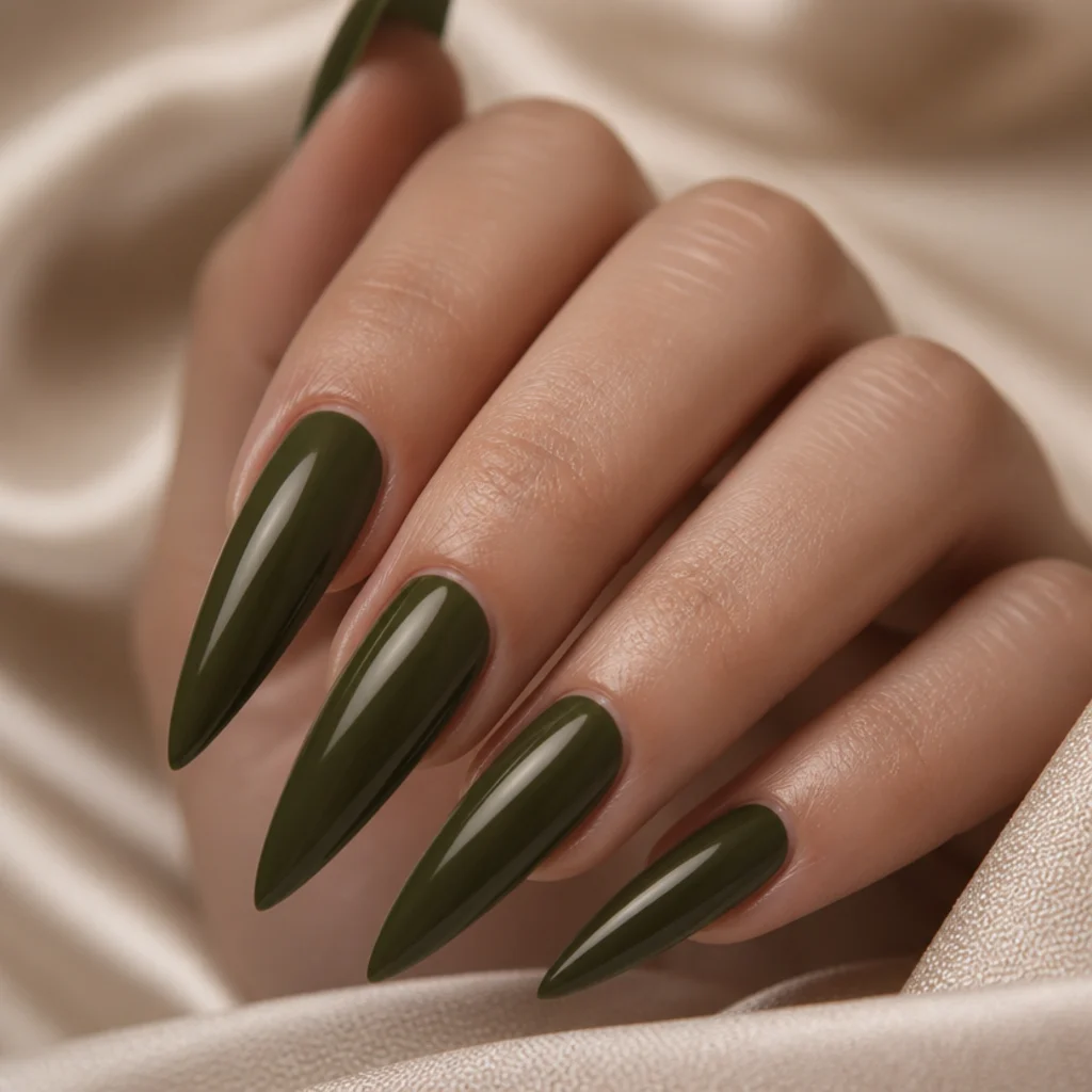 Long stiletto nails tapering to a sharp point in a glossy dark olive green on a light skin tone