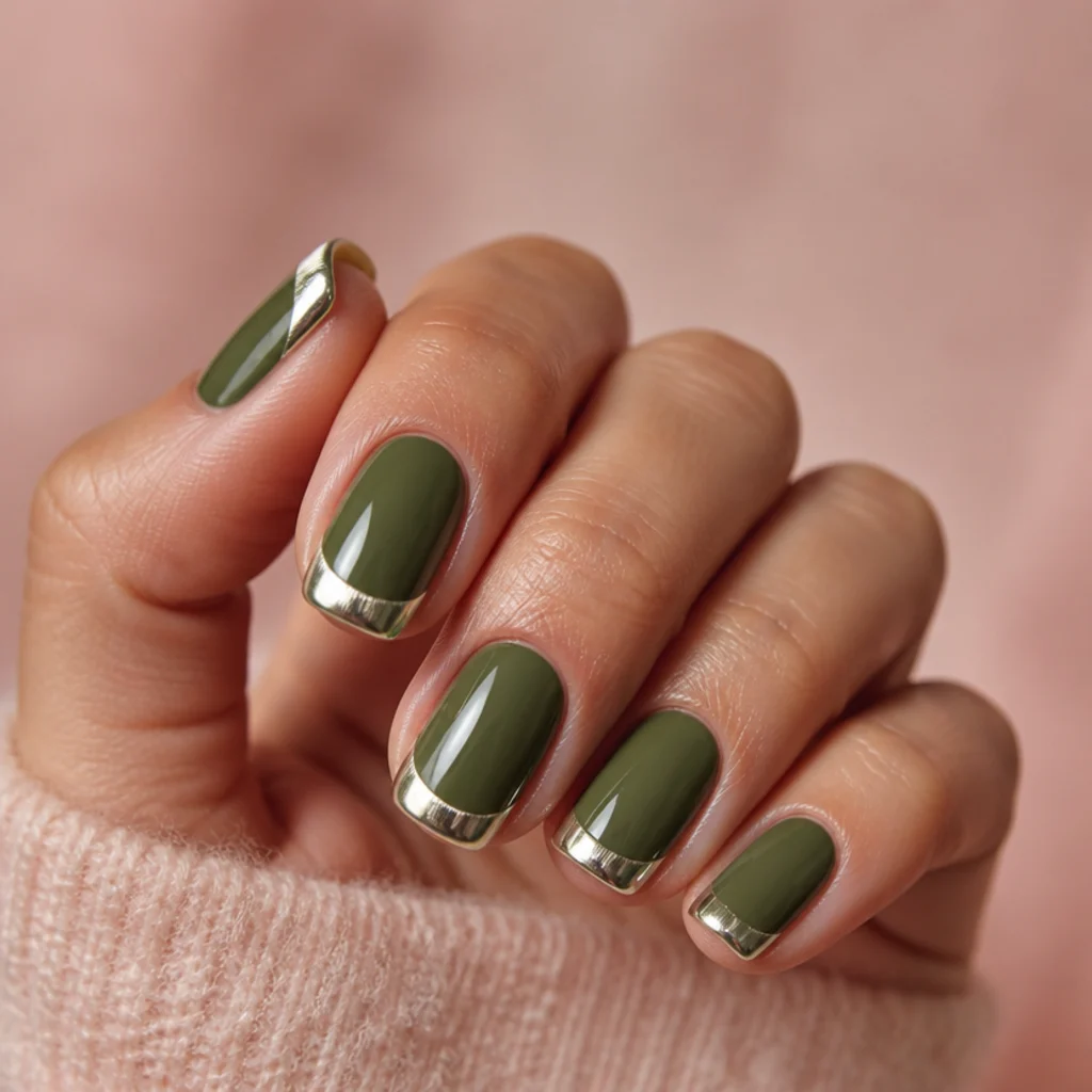 Short squoval nails with an olive green base and silver chrome mirror French tips for the holidays