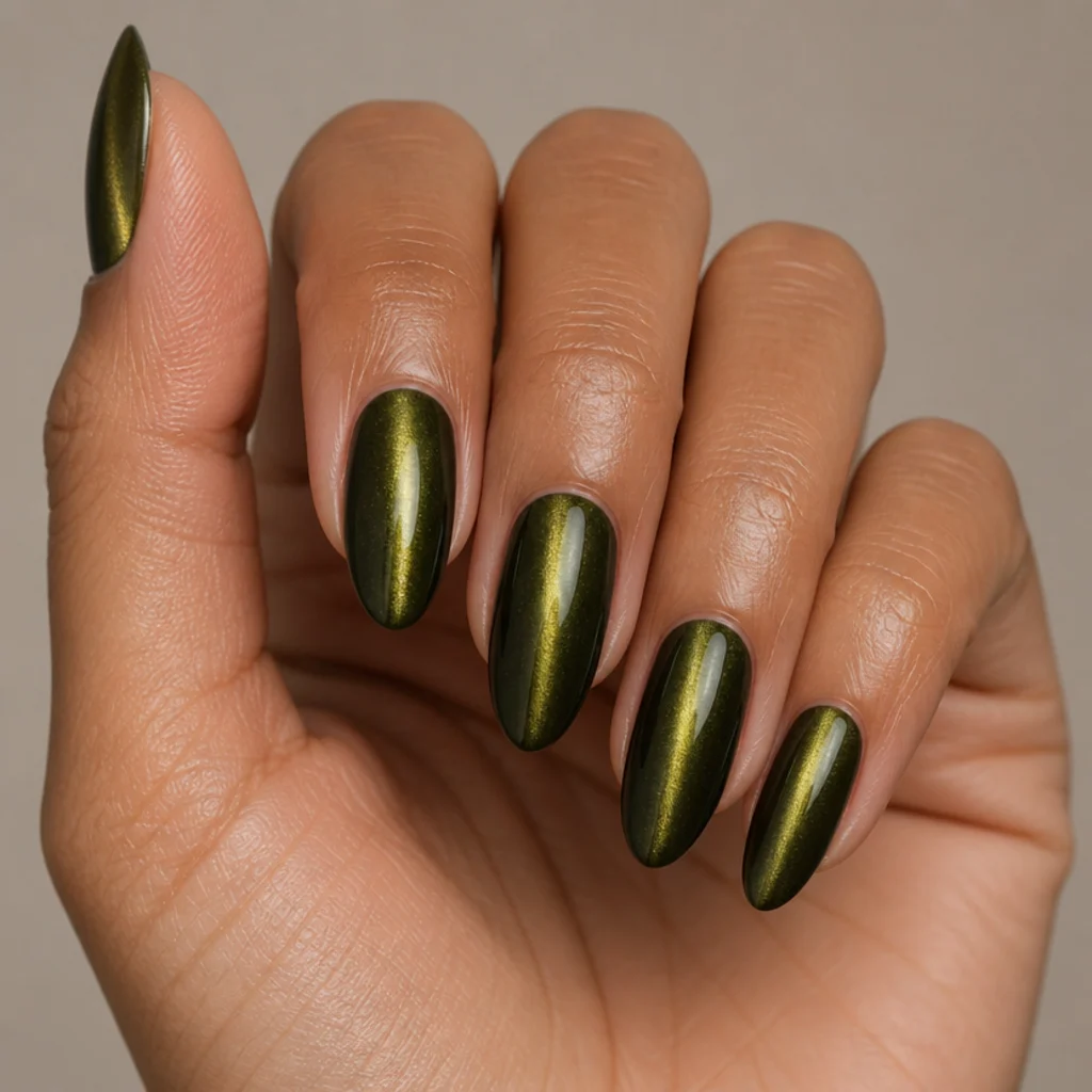 Almond nails in olive green with a bright magnetic cat-eye streak of light down the center