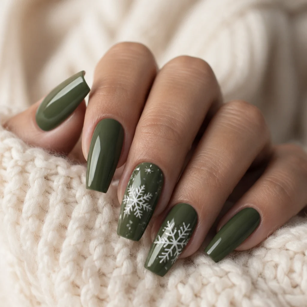 Long coffin nails in dark olive with delicate hand-painted white snowflake accent nails for winter