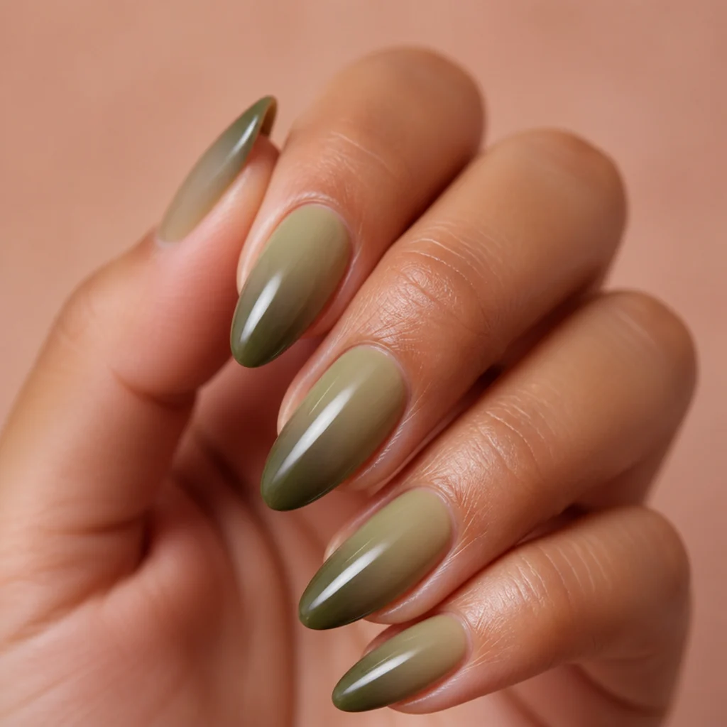 Medium almond nails with a smooth gradient fading from light olive at the cuticle to deep olive at the tip
