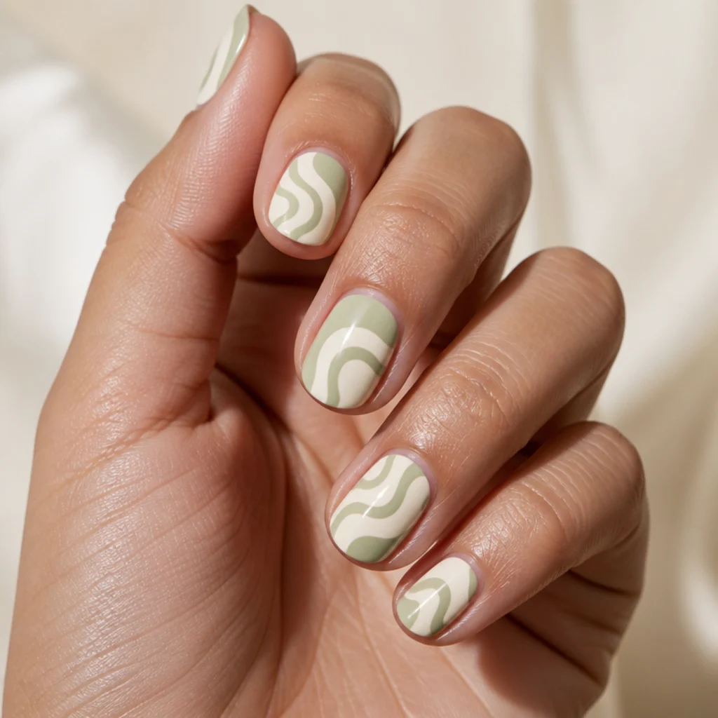 Short round nails with retro wavy light olive green and warm white swirl marbling