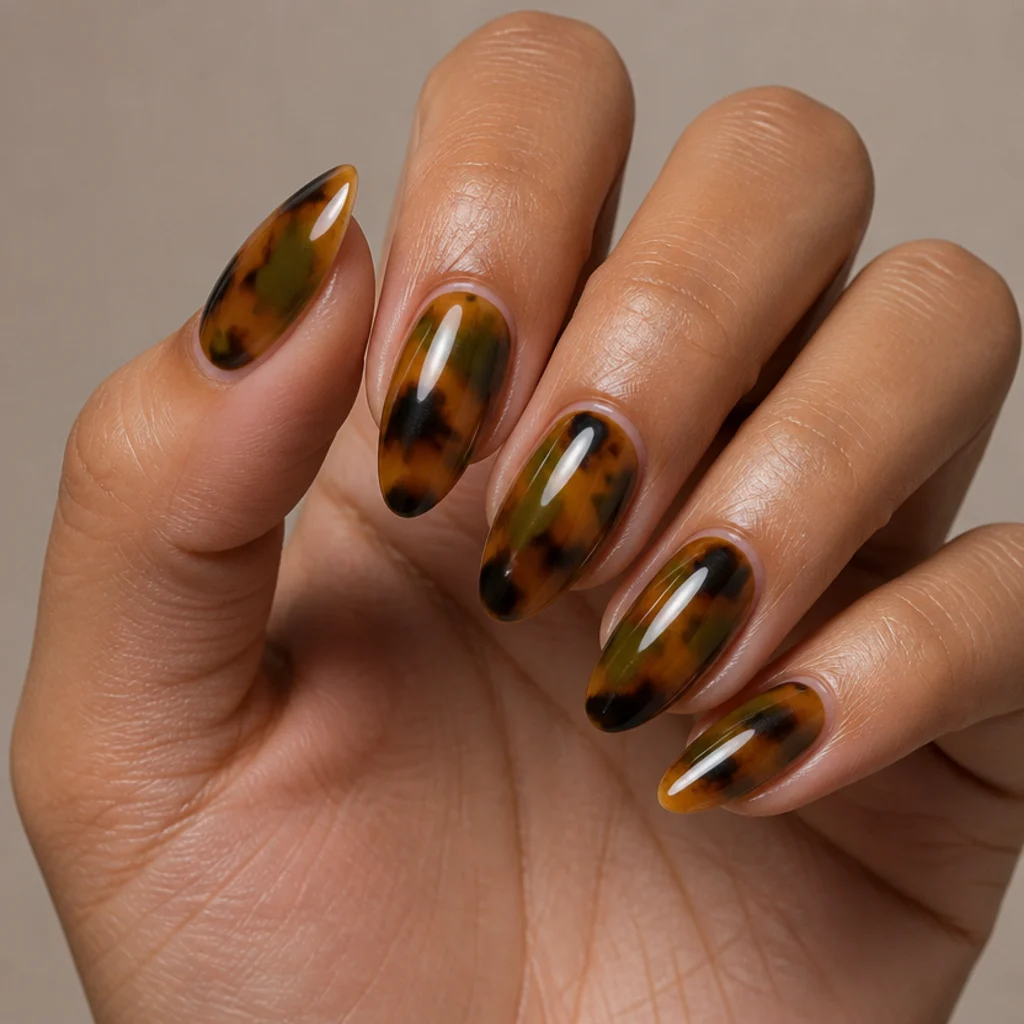 Medium almond nails in a warm olive and amber tortoiseshell pattern over a honey base on medium skin