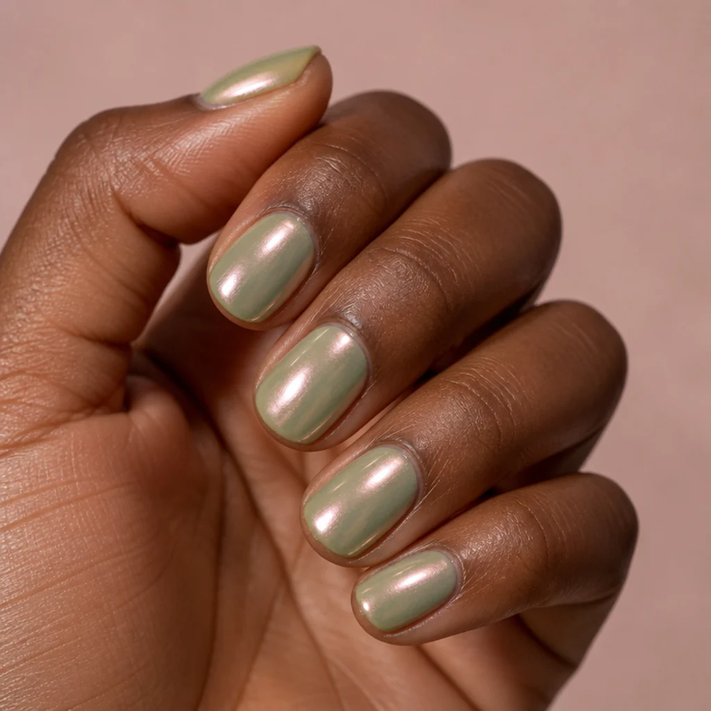 Short round nails in a pearly glazed light olive green with a soft iridescent lit-from-within sheen