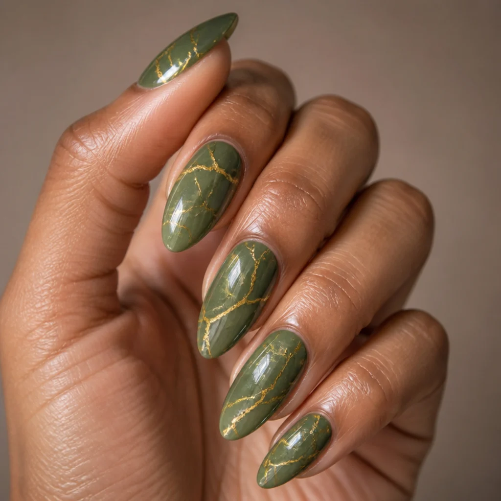 Medium almond nails in olive green with fine wandering gold veins in a polished marble pattern