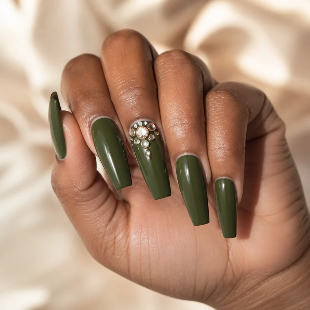 Long coffin acrylic nails in deep olive with a graduated cluster of clear and champagne rhinestones