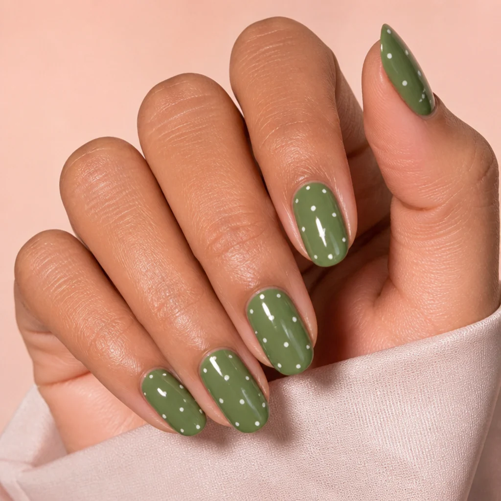 Medium almond nails in olive green scattered with tidy small white polka dots for spring
