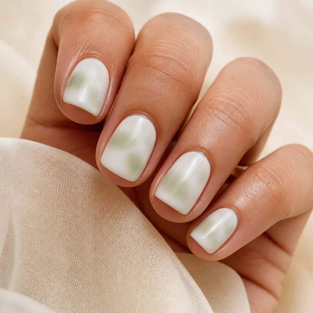 Short squoval nails with soft airbrushed light olive green cloud shapes floating over a white base