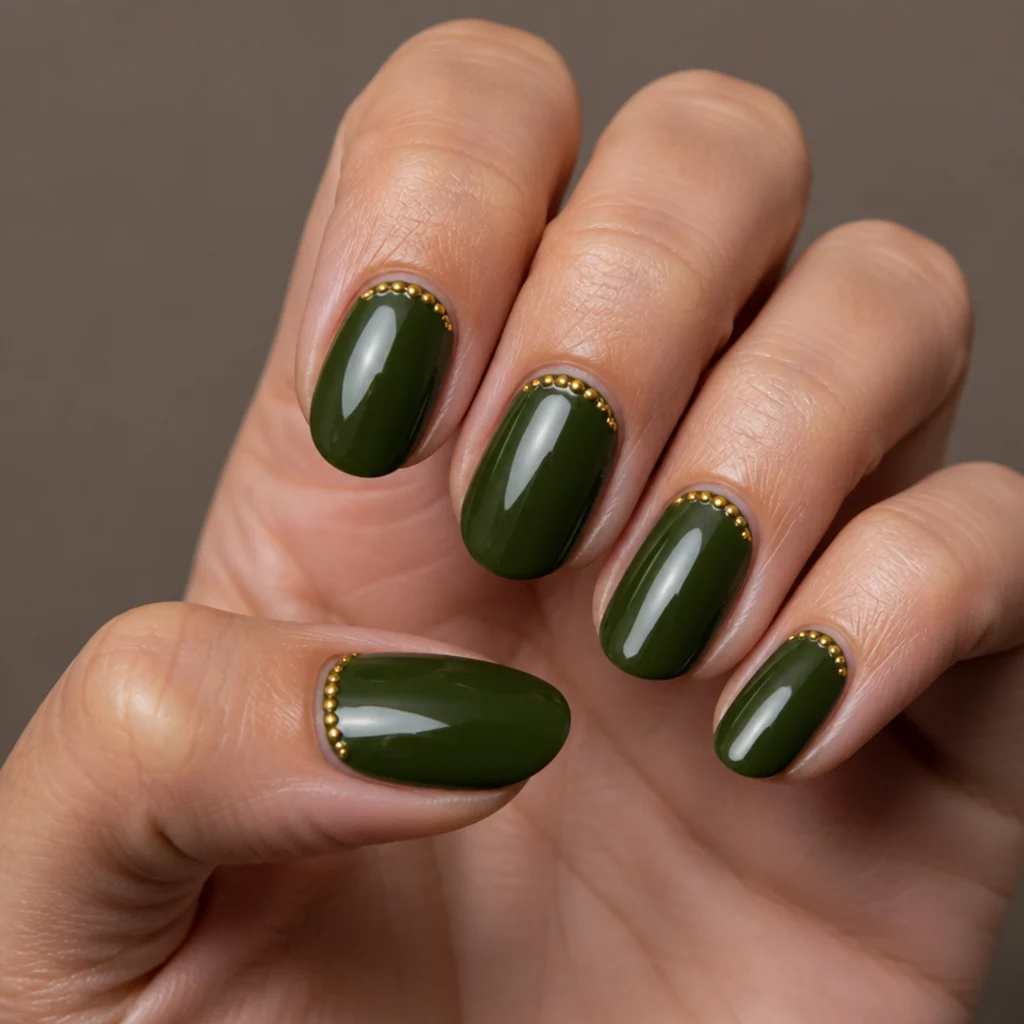 Medium almond nails in dark olive with a delicate row of tiny gold micro-bead gems along the cuticle