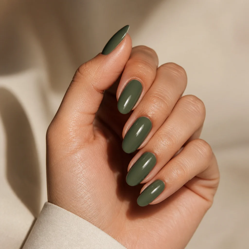 Close-up of almond nails in a deep olive green shade on a warm ivory background
