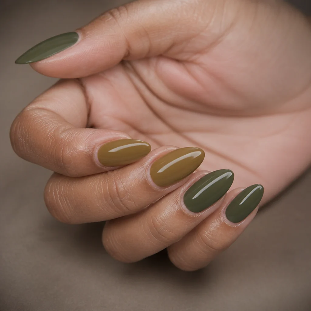 Two nail swatches side by side comparing a muddy yellow-toned olive against a clean gray-based dark olive green on a taupe background