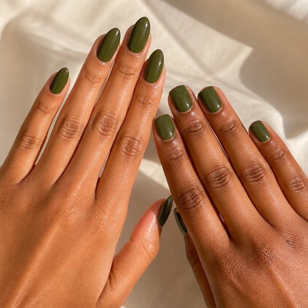 Hand with olive green almond nails at medium length beside a shorter squoval set in the same shade on a warm ivory background