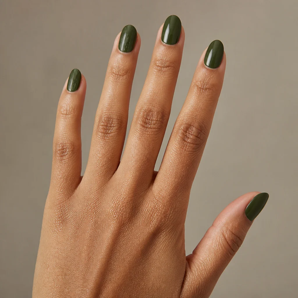 Macro of olive green nails showing a patchy single coat next to a smooth opaque two-coat finish on a taupe background