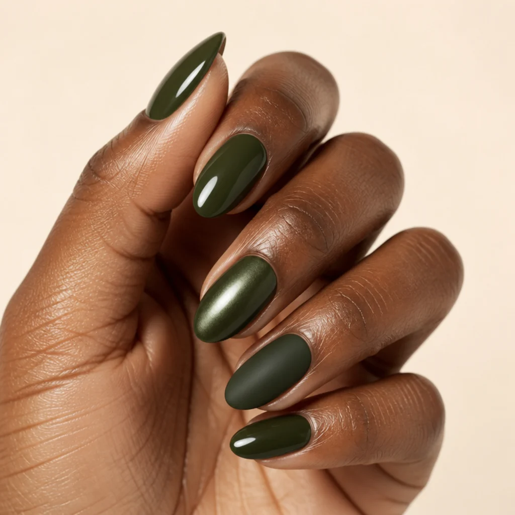 Three olive green nail finishes compared: glossy, soft satin, and flat matte on separate fingers against an ivory background