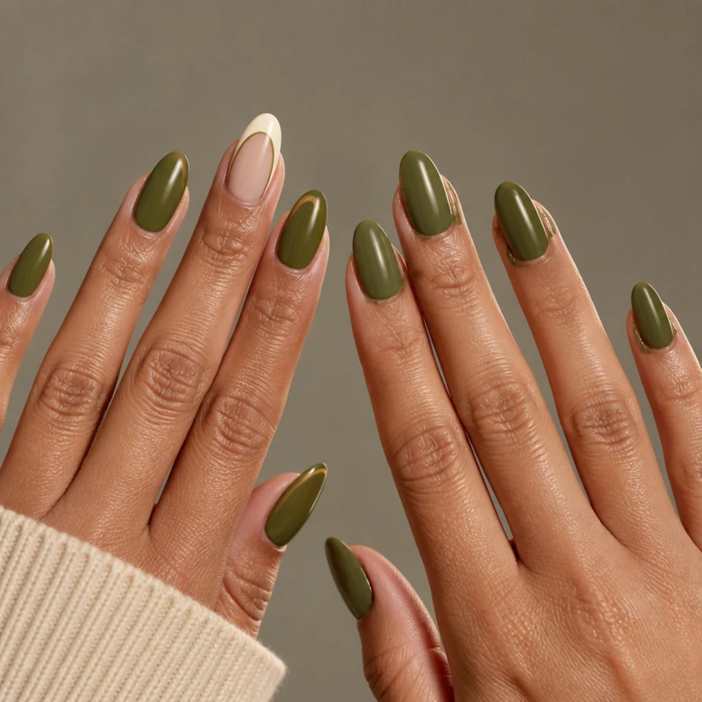 Olive green and white nails with a clean french accent beside a set with smudged cuticle edges for contrast on a taupe background