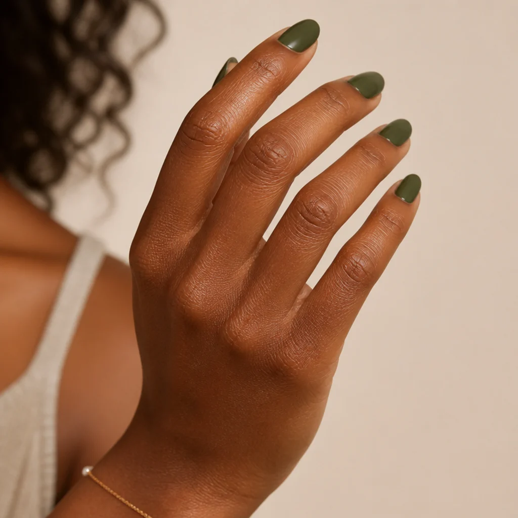 Close-up of almond nails in a rich dark olive green shade with clean cuticles on a warm ivory background