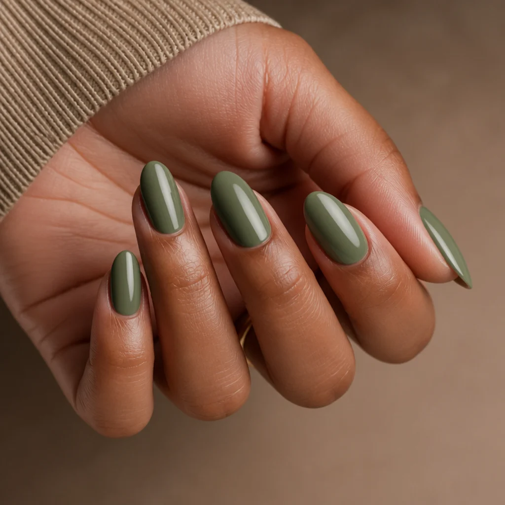 Almond-shaped nails painted in a solid muted olive green cream finish on a warm-toned hand