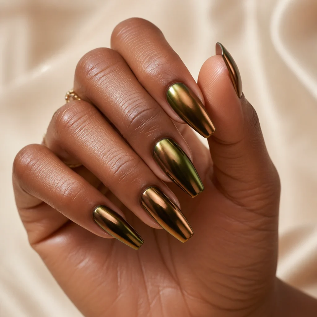 Coffin nails with a reflective olive green chrome mirror finish catching studio light