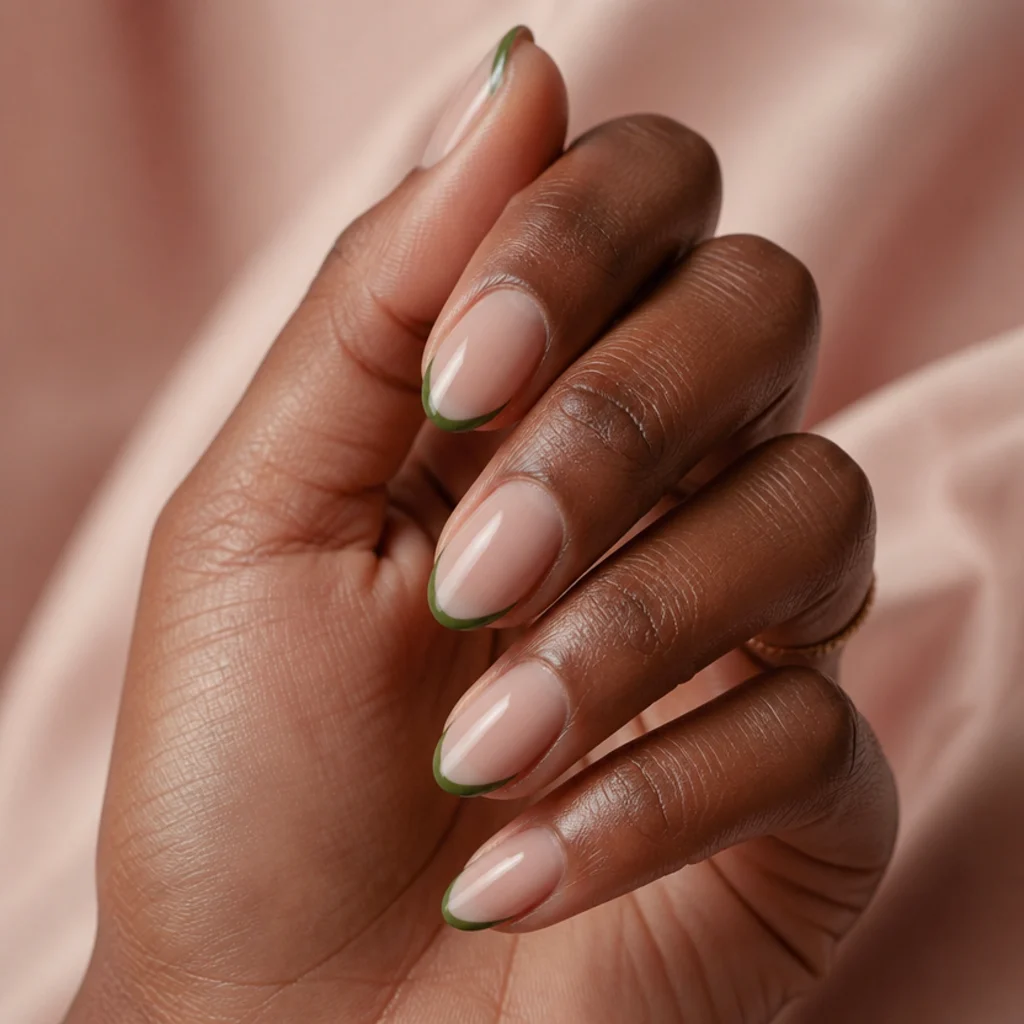 Almond nails with a nude base and crisp olive green french tip smile lines