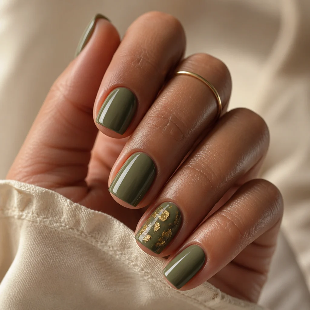 Short square nails in olive green accented with irregular gold leaf foil