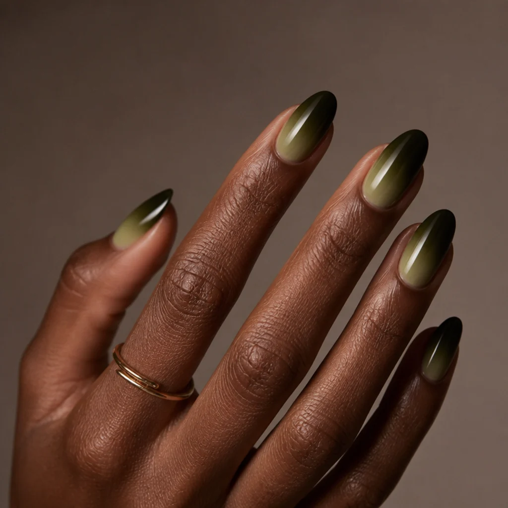 Almond nails blending from deep dark olive at the tip to soft olive at the cuticle