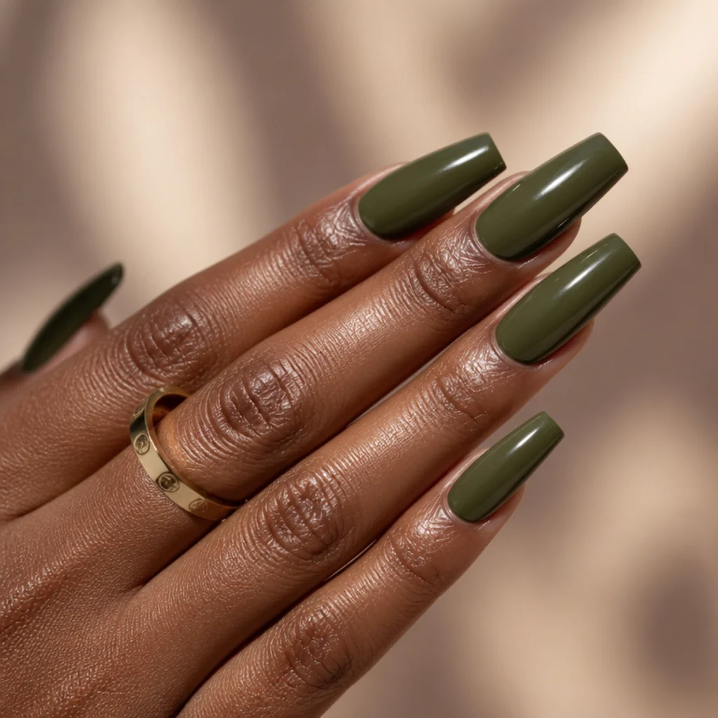 Long coffin acrylic nails in glossy olive green with structured square-off tips