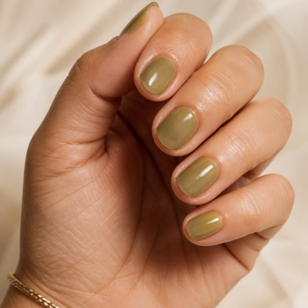 Short round nails with a translucent sheer olive green jelly finish