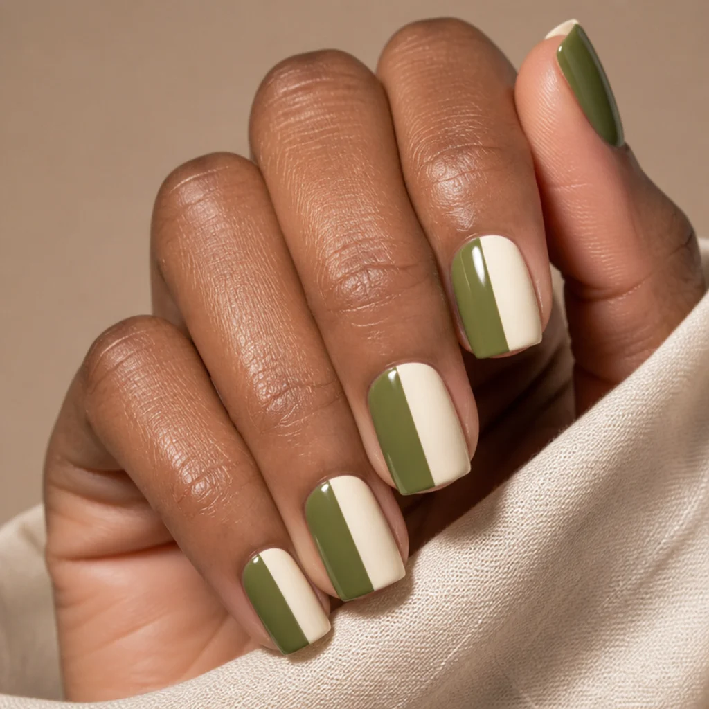 Square nails split into olive green and cream color-blocked halves with clean edges