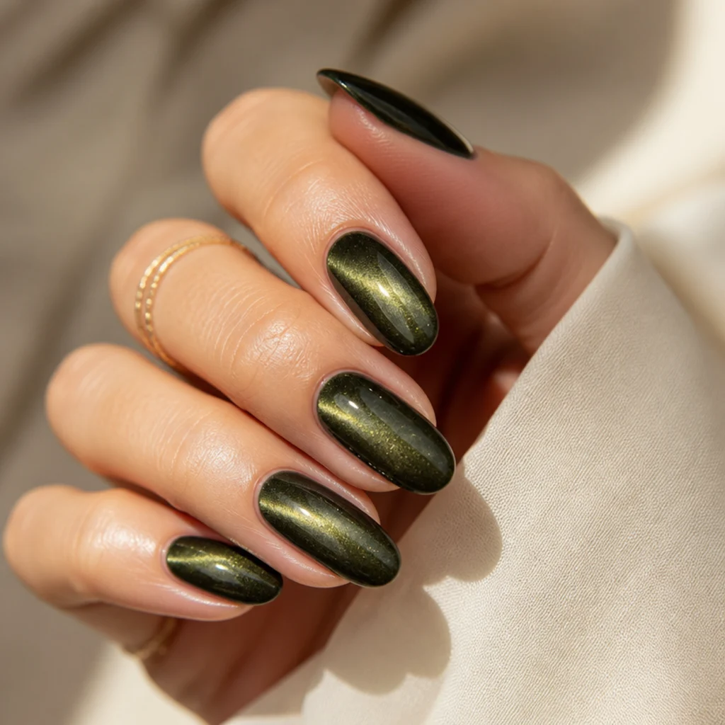 Almond nails with a magnetic cat-eye stripe of light running through deep olive green