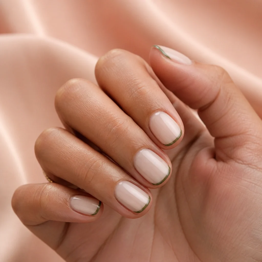 Short natural nails with an ultra-thin micro-french olive green tip line