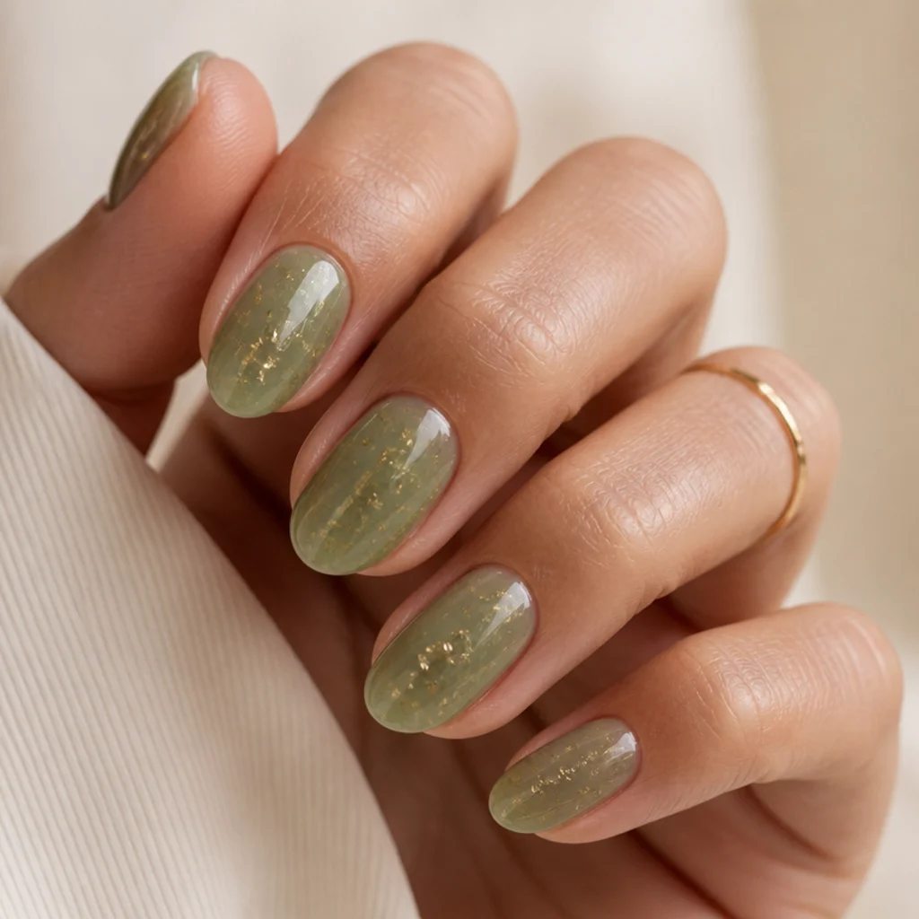 Almond nails in olive green scattered with tiny suspended gold foil flecks