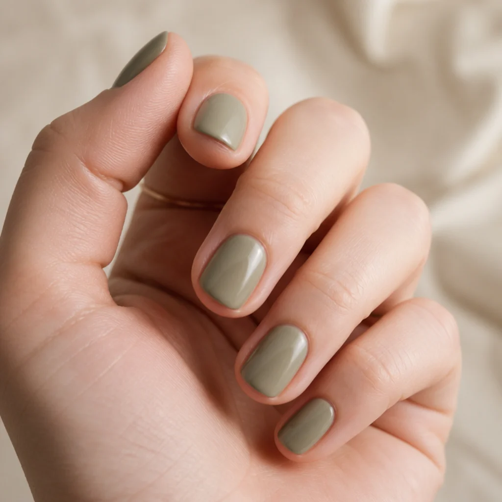 Very short round nails in a soft sage-tinted olive green cream