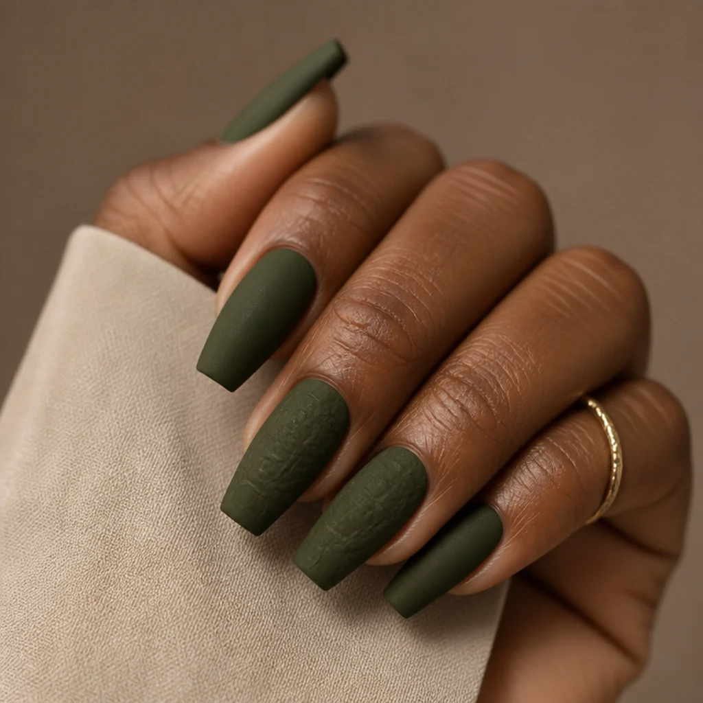 Coffin nails in dark olive green with a subtle tonal crocodile-skin texture accent