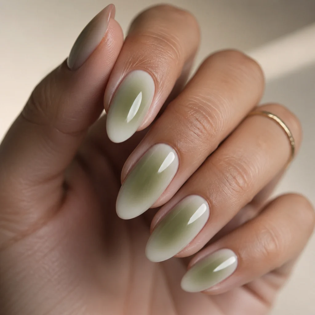 Almond nails with a blurred olive green aura halo glowing from the center outward