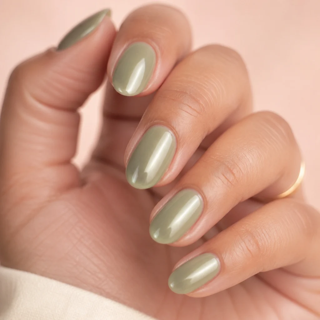 Short almond nails with a milky white wash over olive green for a glazed pearl look