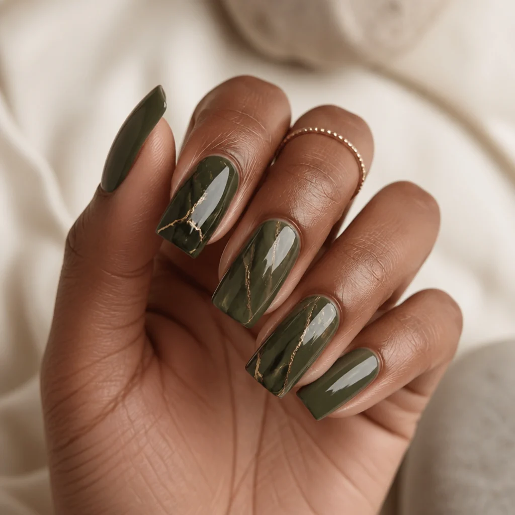 Square nails with swirled olive green and gold veining in a marble pattern