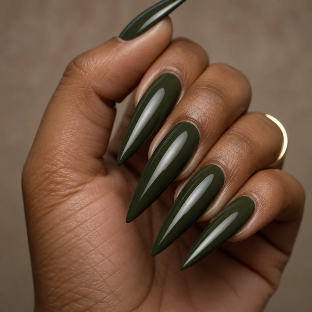 Long stiletto nails in a deep glossy dark olive green tapering to sharp points