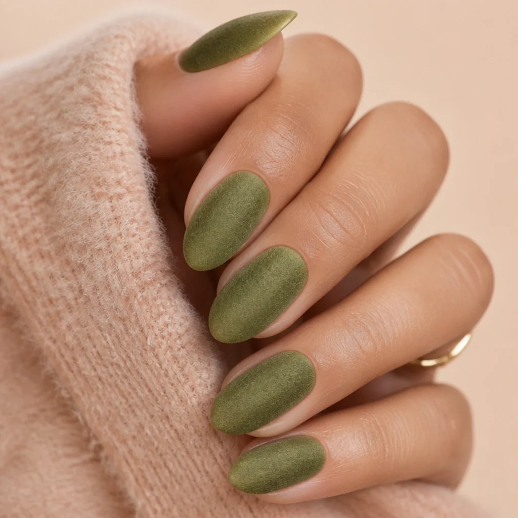 Almond nails with a soft fuzzy velvet-textured olive green powder finish