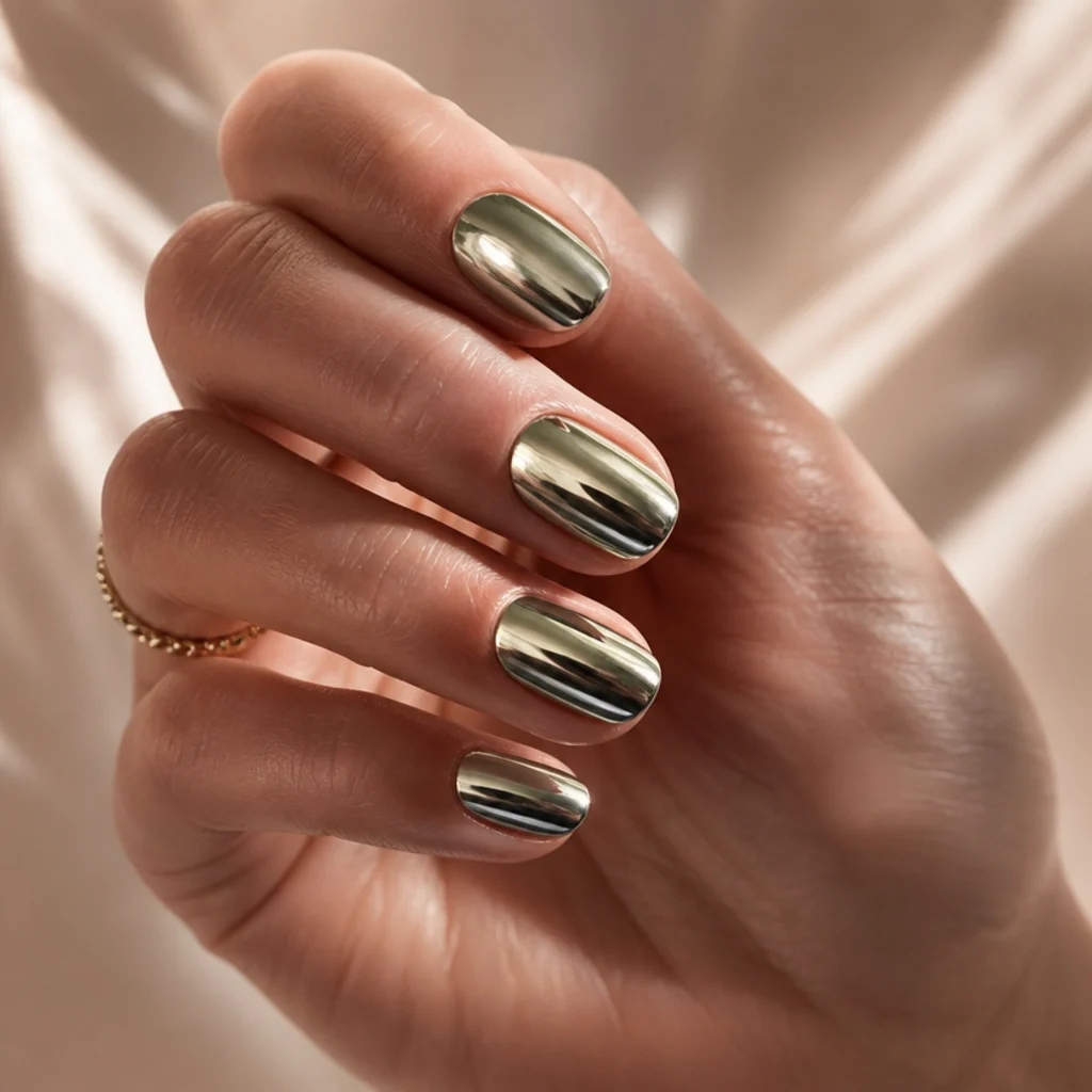 Short almond nails in mirror-finish olive green chrome reflecting soft studio light on a warm ivory background