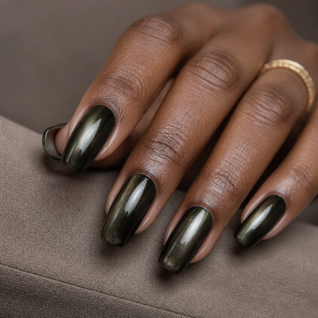Long squoval nails in deep dark olive green chrome with a pewter metallic sheen on a taupe background