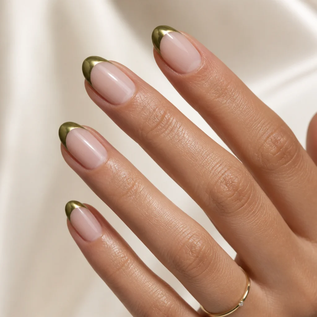Medium almond nails with a sheer nude base and olive green french tip finished in chrome on an ivory background