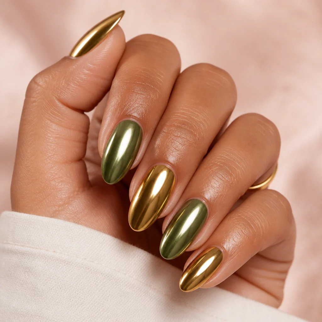 Almond nails alternating olive green chrome and warm gold chrome across five fingers on a muted blush background