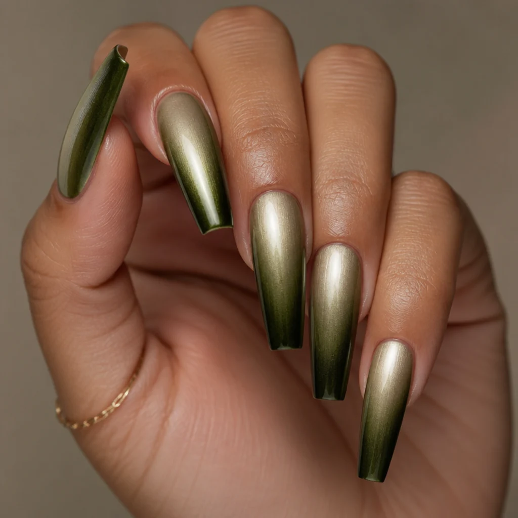 Long coffin nails fading from pale olive chrome at the cuticle to deep olive chrome at the tip on a taupe background
