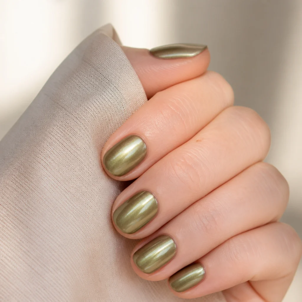 Short round nails in a soft sage-olive chrome with a pearly muted shine on a warm ivory background