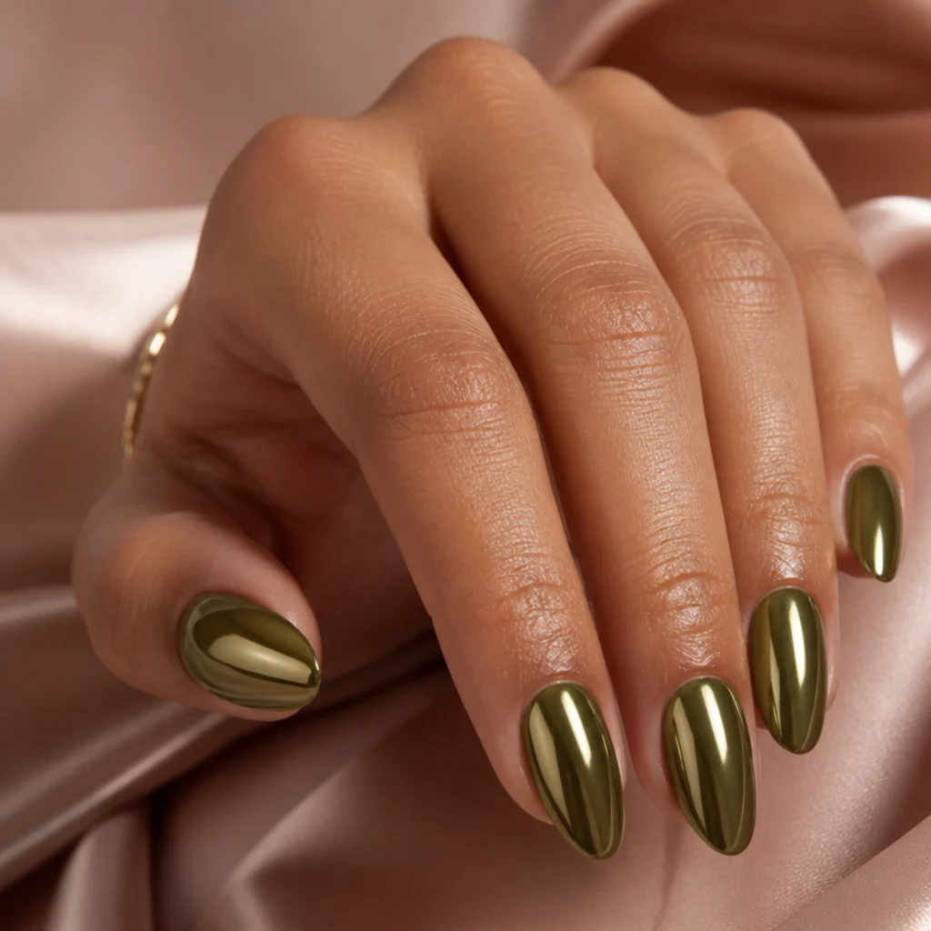 Medium almond nails in classic olive green chrome with tapered tips on a muted blush background
