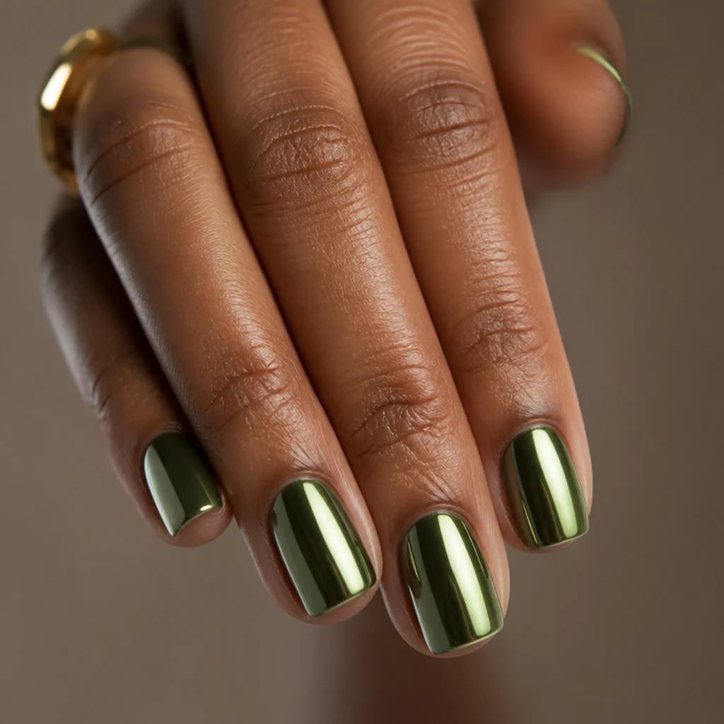 Short squoval nails in mid-tone olive green chrome on a natural hand against a taupe background