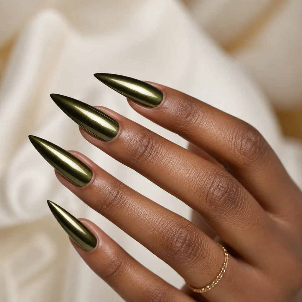 Long stiletto nails in bold olive green chrome tapering to sharp points on a warm ivory background